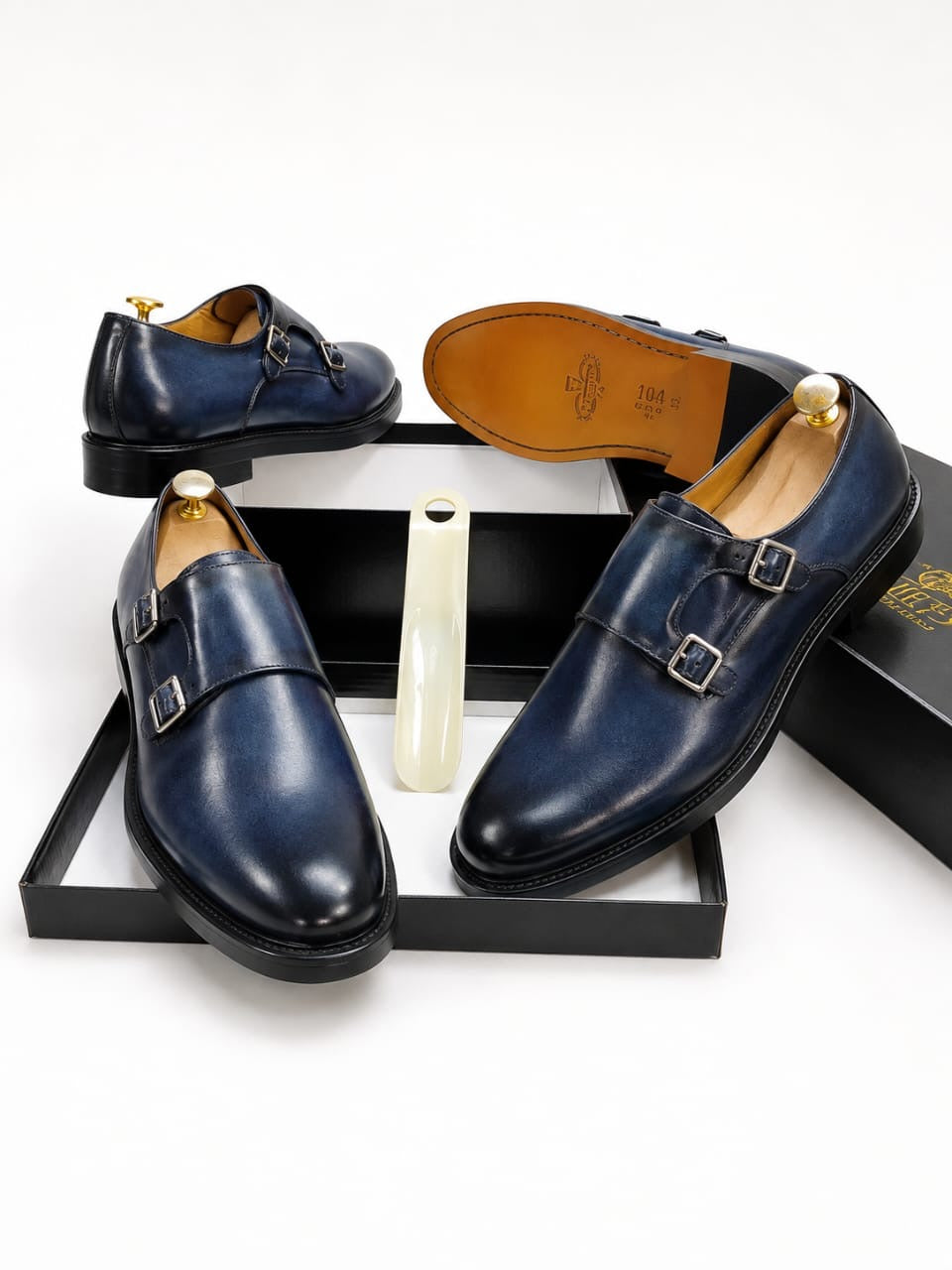 Paire hommes Double Boucle en Cuir Patiné Bleu et noire