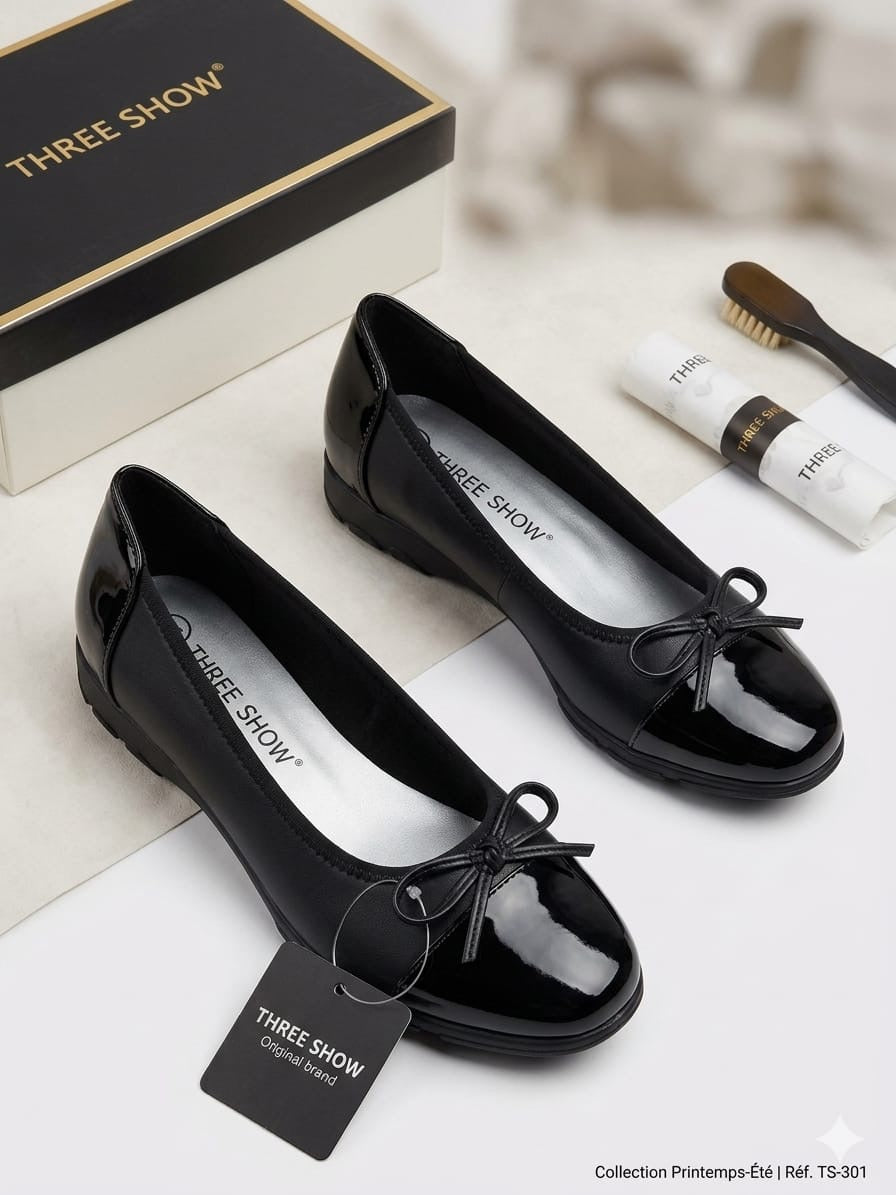 Ballerines Confort Chic en Cuir Noir Mat et Verni avec Nœud Élégant – Collection Three Show