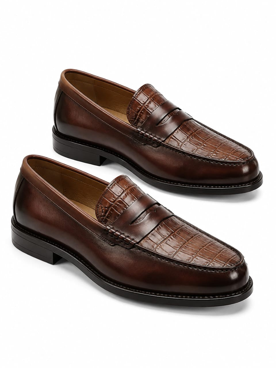 Mocassins en Cuir Marron Effet Crocodile pour Homme – Élégance Classique