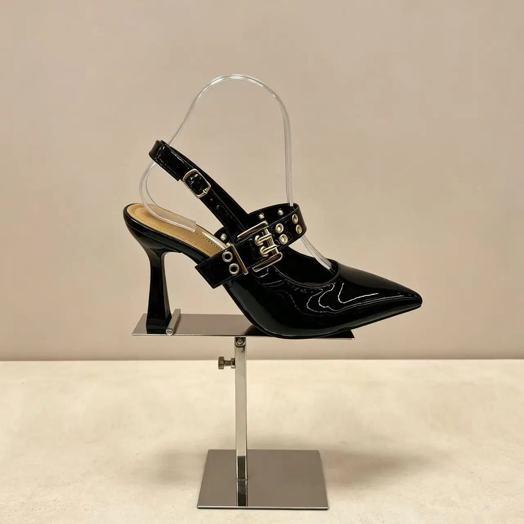Escarpins Slingbacks en Cuir Verni avec Brides à Boucles