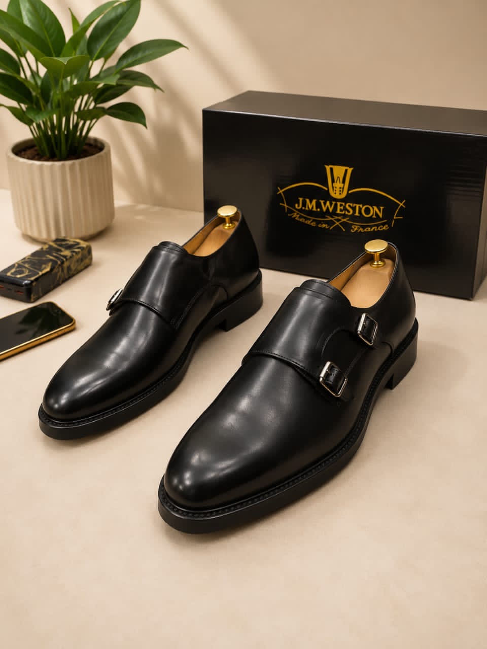 Paire hommes Double Boucle en Cuir Patiné Bleu et noire