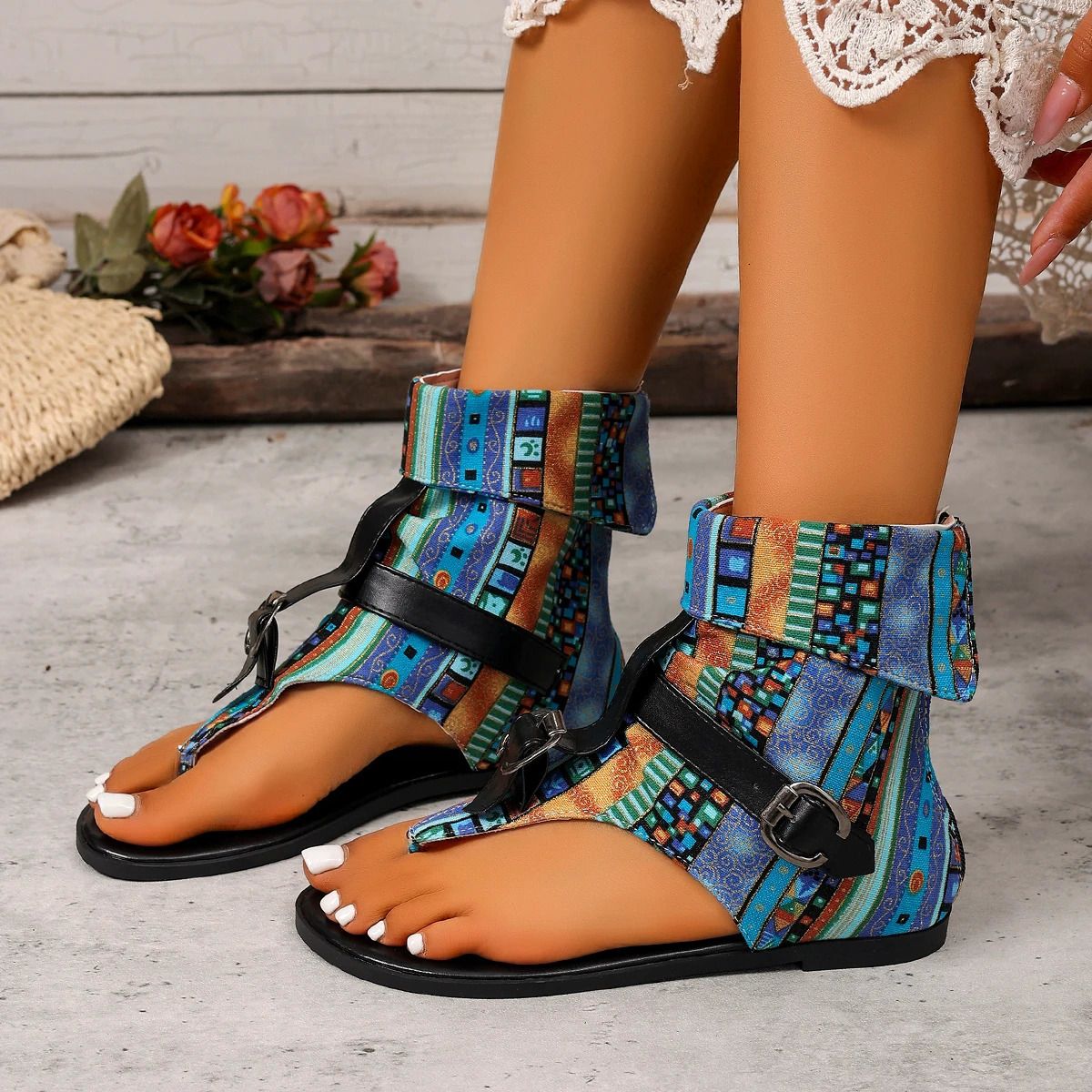 Sandales Gladiateur Bohèmes à Motifs Ethniques – Style Rome Antique