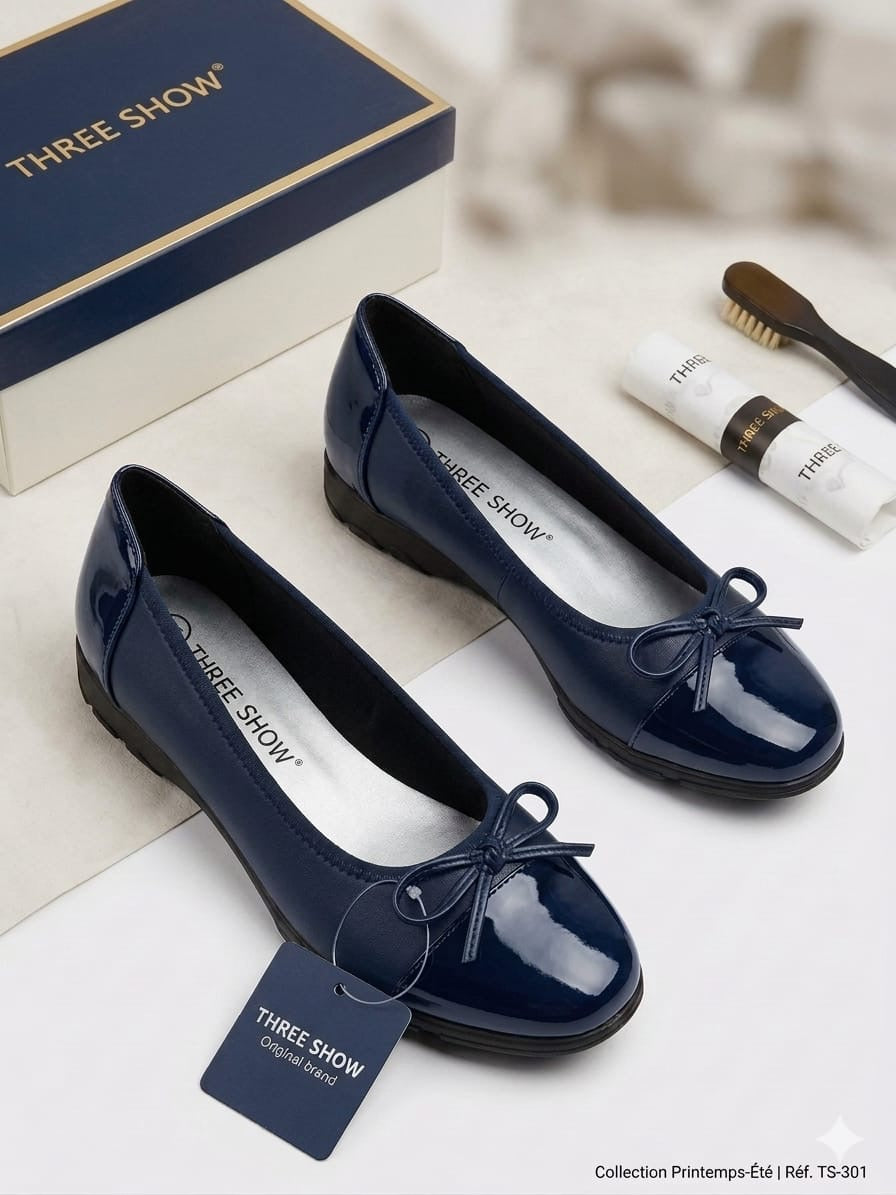 Ballerines Confort Chic en Cuir Noir Mat et Verni avec Nœud Élégant – Collection Three Show