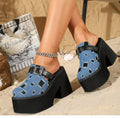 Mules à plateforme XXL en denim effet usé et talons blocs